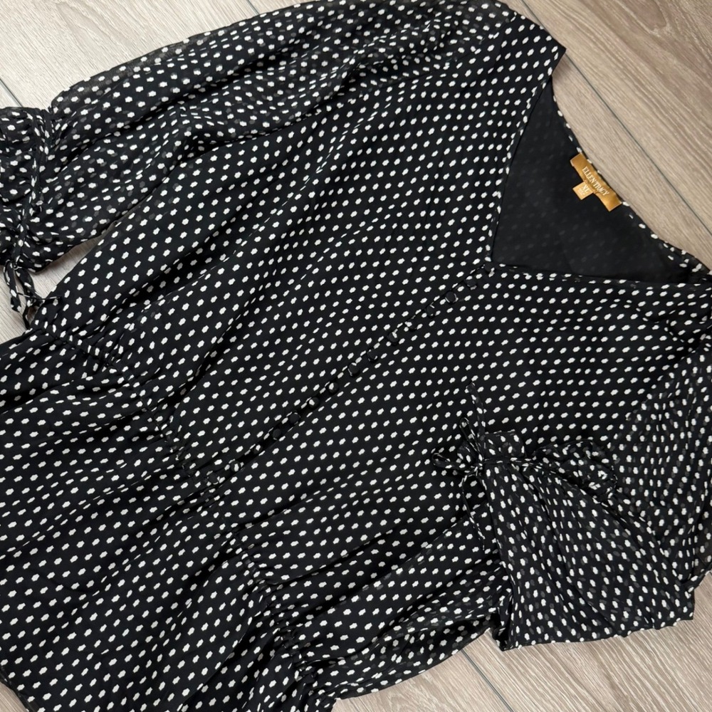 Ellen Tracy Womens Blouse Silk Polka Dot Peplum Black XL